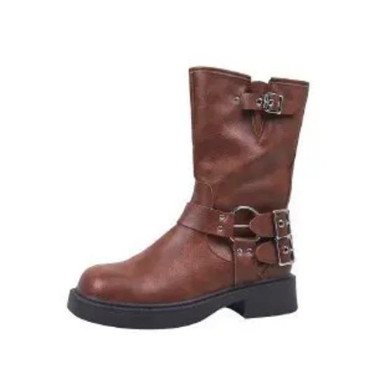 Gothic Buckle Platform Ankle Boots Women Combat Boots with Studs Winter Brown Mid-calf Boots for Women Motorcycle Botas Mujer