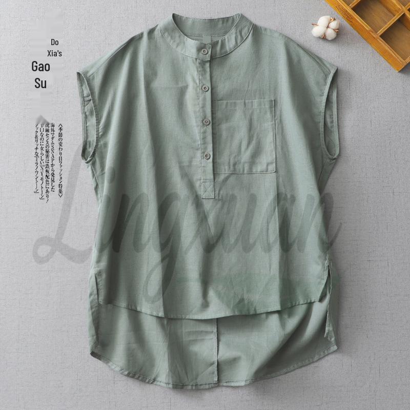 

Retro Stand Collar Cotton Linen Sleeveless Top for Women - Spring/Summer Medium армія зелений колір