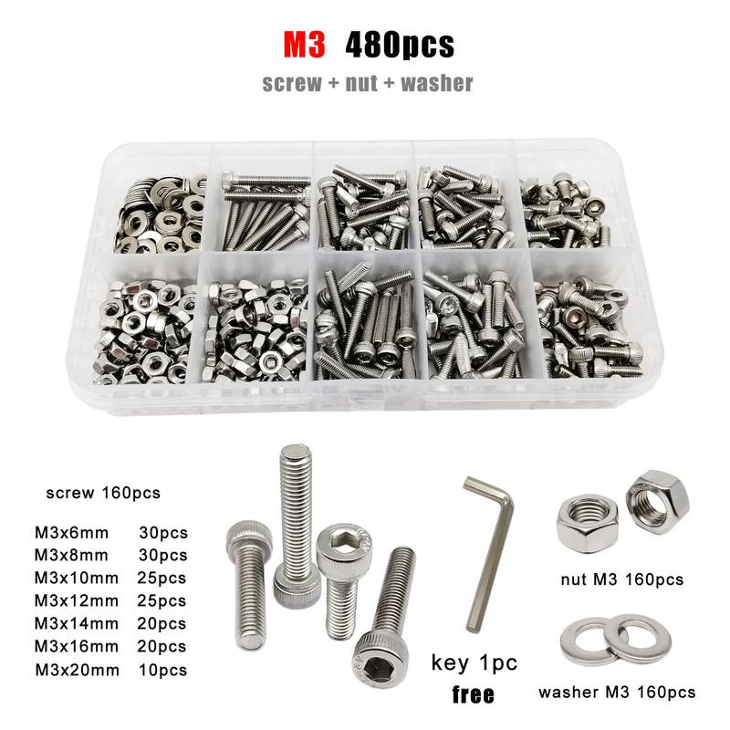 1 Box M1.6 M2 M2.5 M3 M4 M5 M6 M8 DIN912 304 A2 Stainless Steel Hex Hexagon Socket Allen Cap Head Screw Bolt Nut Assortment Kit
