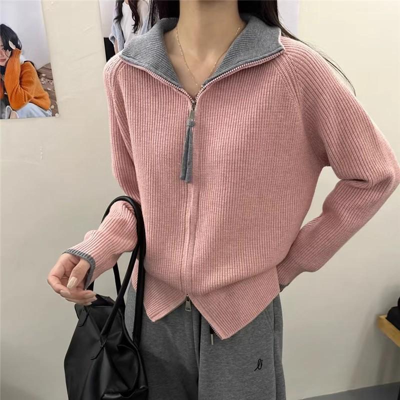 

2025 Высококачественный женский трикотажный кардиган на молнии в корейском стиле для начала осени Extra Large розовый