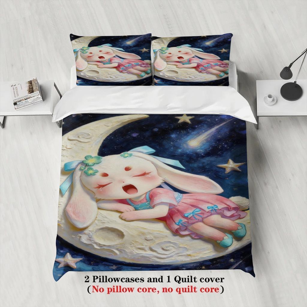 Softville Cozy Town 3PCS Bedding Sets Lop Rabbit Fast Asleep On A Crescent Pint Duvet Cover No Filling Cartoon Style Queen Size