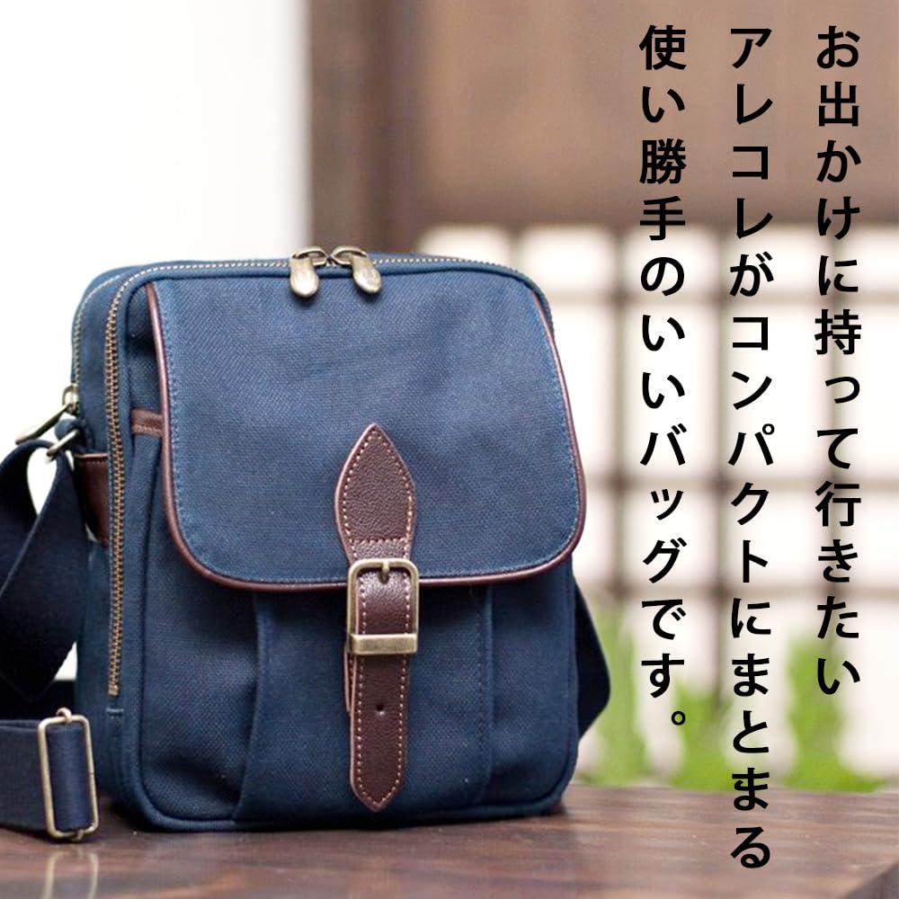 Creare Kiki Men's Vertical Shoulder Bag, B5 Size, Lightweight, Made in Japan, Indigo and Persimmon Dyed Canvas, Multi-Function Pocket Shoulder Bag,