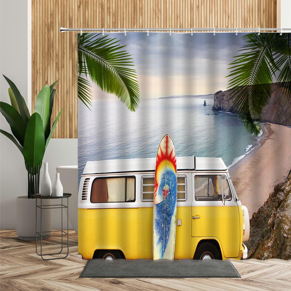 Forest Camping Poster Shower Curtain Camper Car Woods Bathroom Bath Decors Outdoor Landscape Backdrop Cloth 3D Room Curtains Set