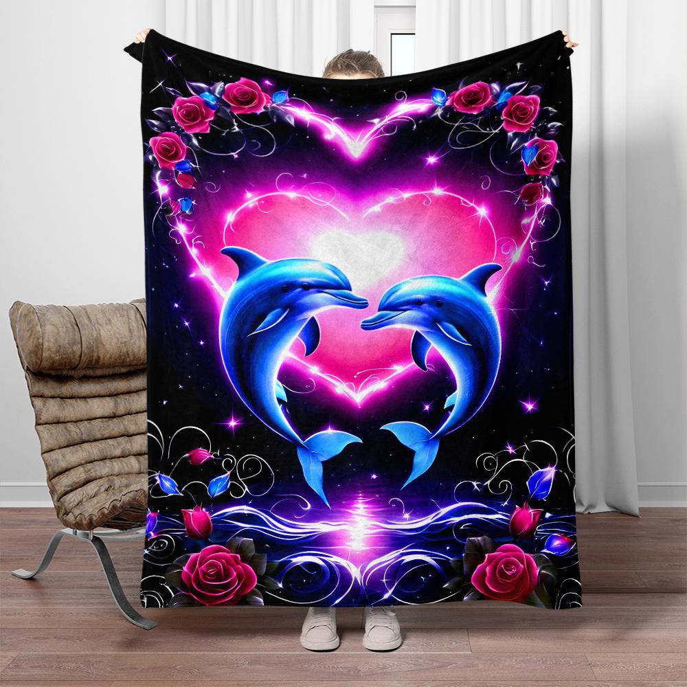 

Novel Design Heart Dolphin Blanket, Soft Flannel Throw, Unique Gift for All Seasons, Lightweight for Sofa Camping Office Decor 75x90cm
