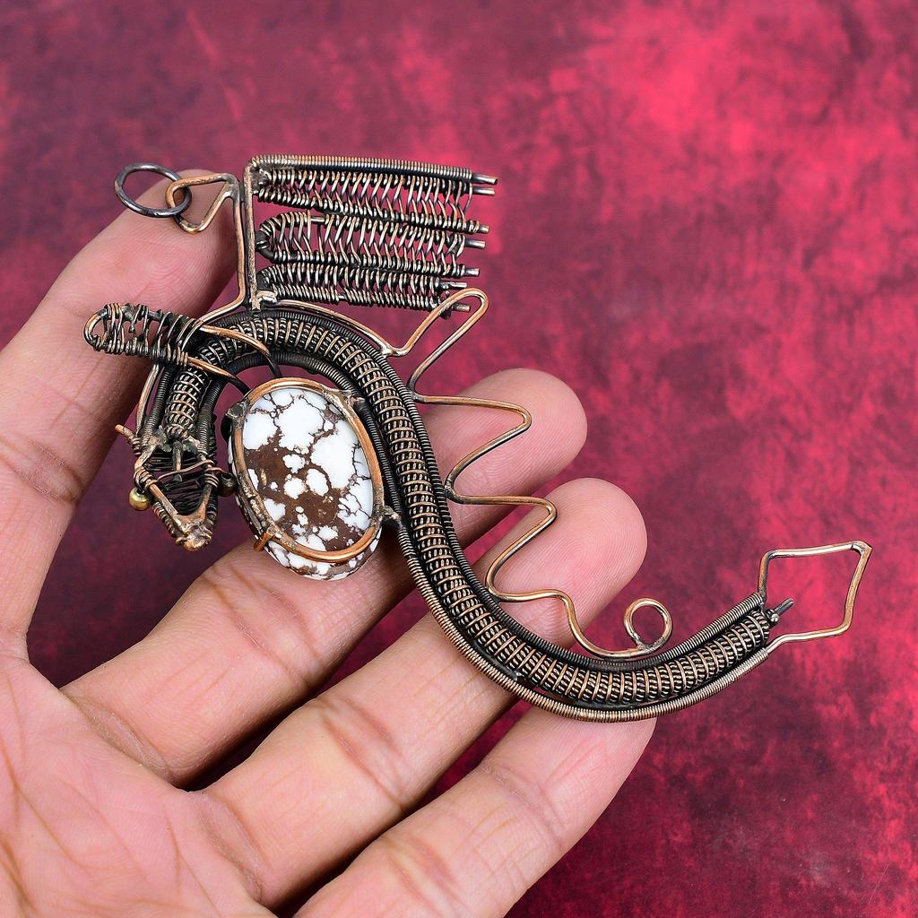 Wild Horse Magnesite Pendant Copper Wire Wrapped Dragon Pendant Handmade Gemstone Pendant Copper Wire Jewelry Gifts for Him Antique Pendants