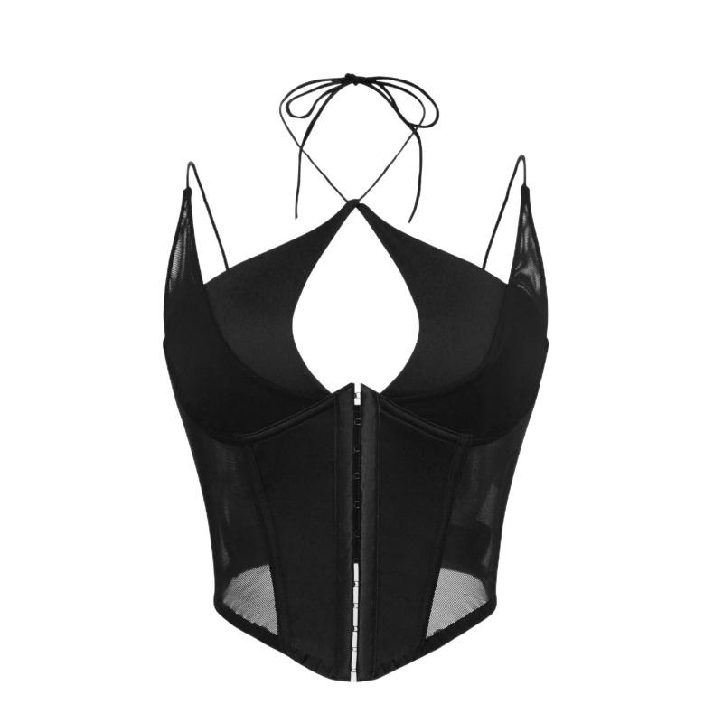 

Black Mesh Halter Neck Corset Top With Spaghetti Straps S чорний
