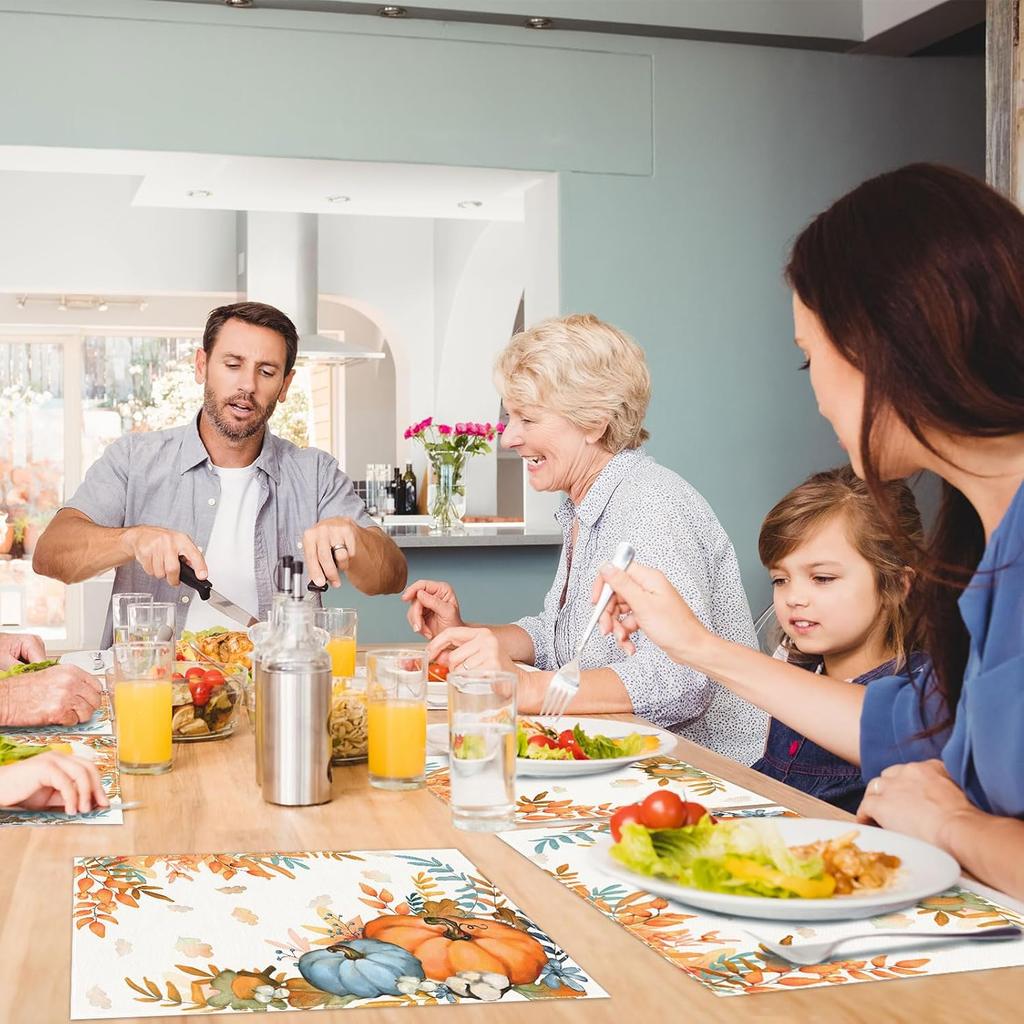 Fall Placemats Set of 4 Placemats,12x18 Inch Autumn Pumpkin Pattern Table Mats for Thanksgving Fall Holiday Party Kitchen Dining Indoor Outdoor Table