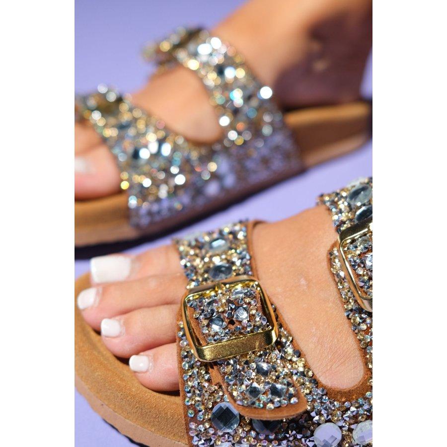 Crystal Embellishment Genuine Leather Double Belt Women's Slippers