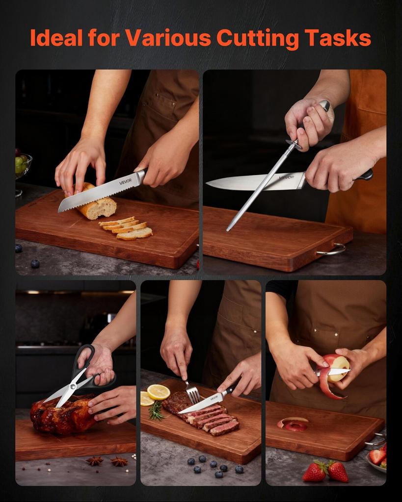 Kitchen Knife Set with Block and Sharpener, 15 Piece High Carbon Stainless Steel Sharp Knife Set, Kitchen Cutlery with Crack-Resistant Handle,