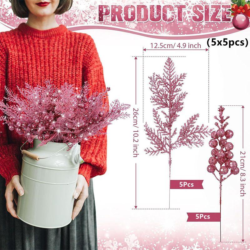 Glitter Christmas Decoration Artificial Berry Stalk Pine Needle Bouquet Christmas Tree Ornament Xmas DIY Wreath Gift Accessories