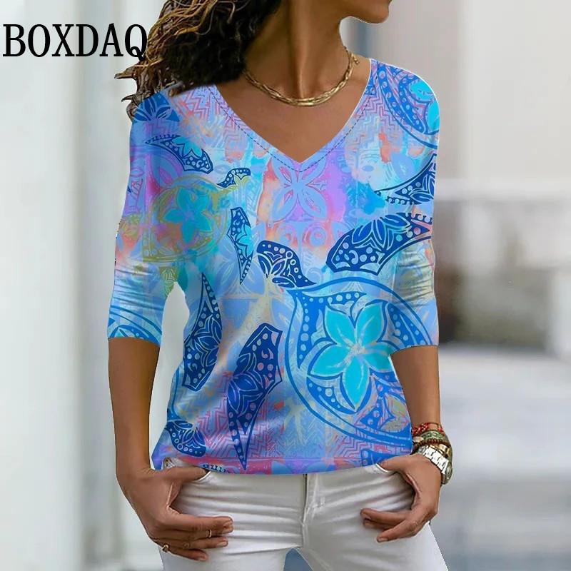 New Spring Women V-Neck Top Fashion Design Painting Printed Oversized T Shirt Daily Street Long-Sleeve Casual Tee Clothes