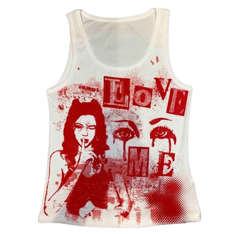European and American women's clothing summer sleeveless short top casual round neck slim figure printing I-shaped small vest