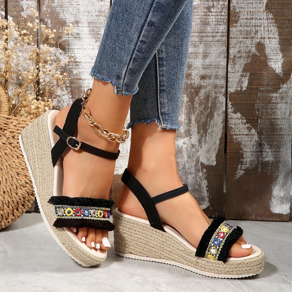 Außenhandel Übergröße Keilsandalen Jugendlich 2024 Frühling und Herbst Neu Fischmaul Hanfseilboden Ein-Wort-Schnalle Sandalen Damen