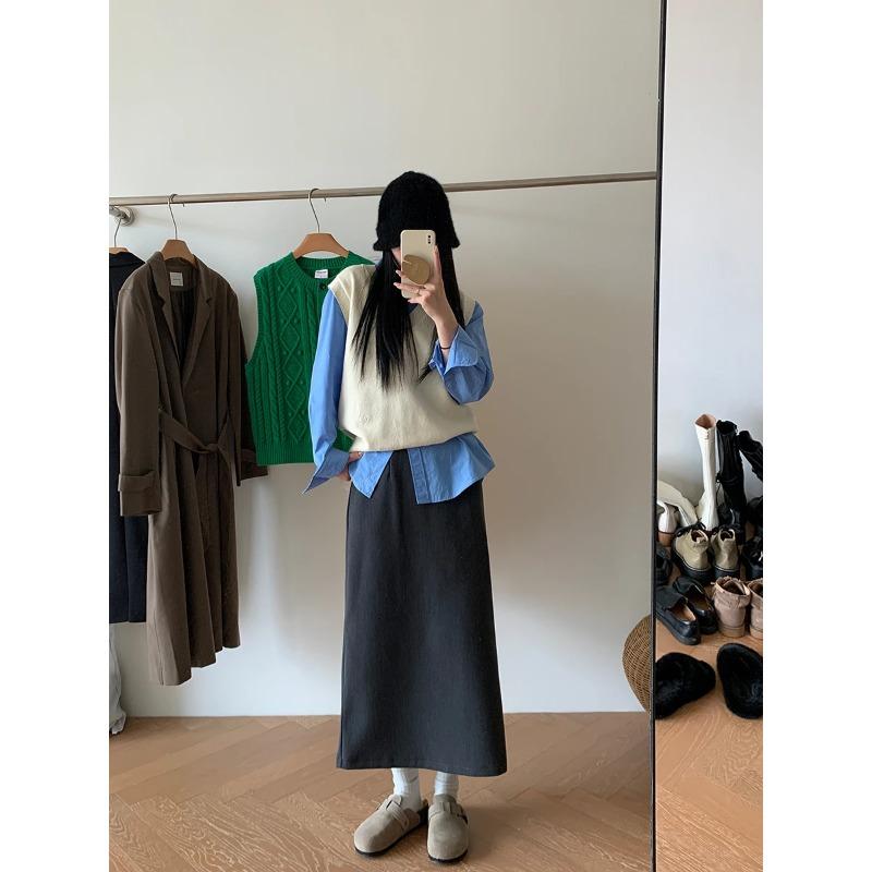 With Sweater Coat Skirts Autumn and Winter New Gray Back Slit Suit Skirt