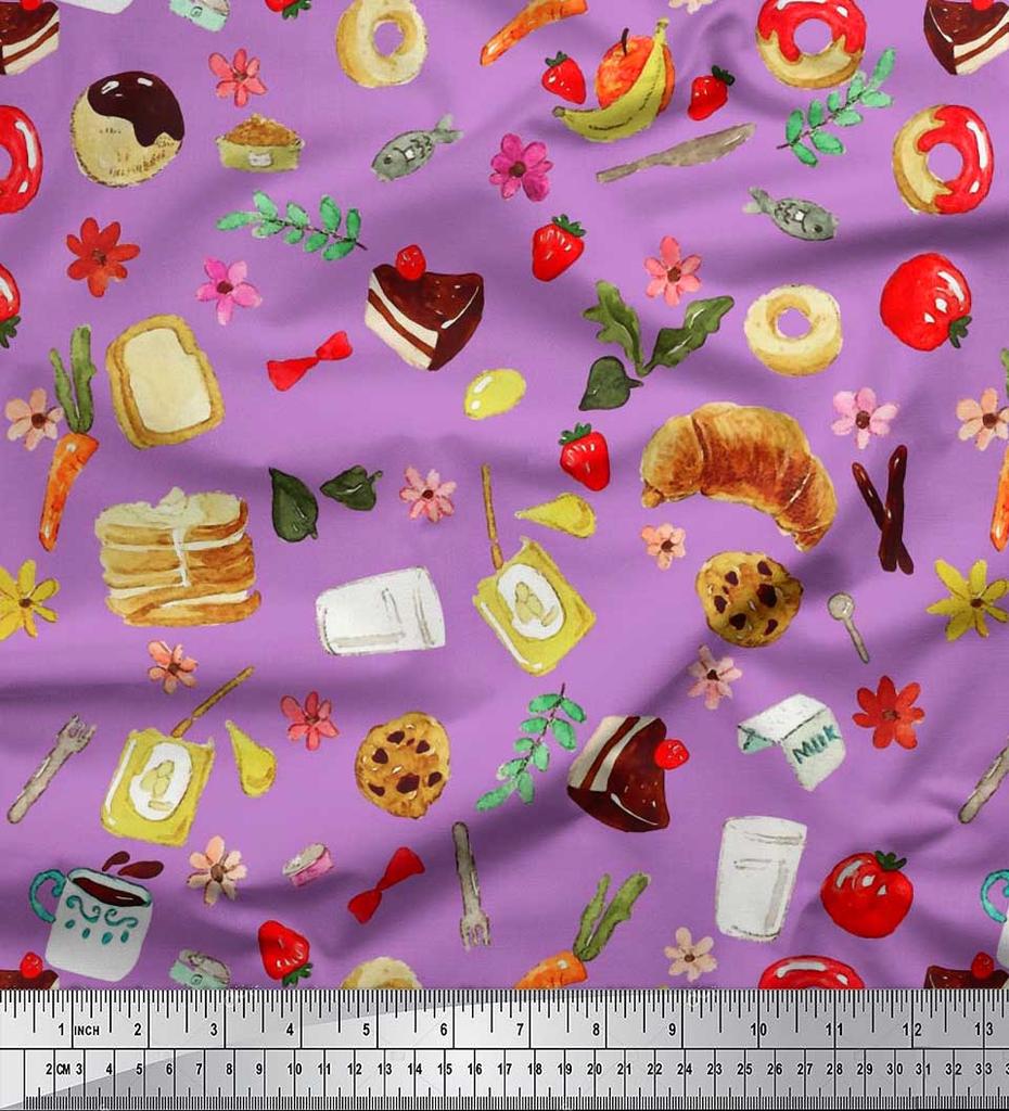 Soimoi Japan Crepe Satin Fabric Fruits,Bread & Donut Food Decor Fabric Printed metre 42 Inch