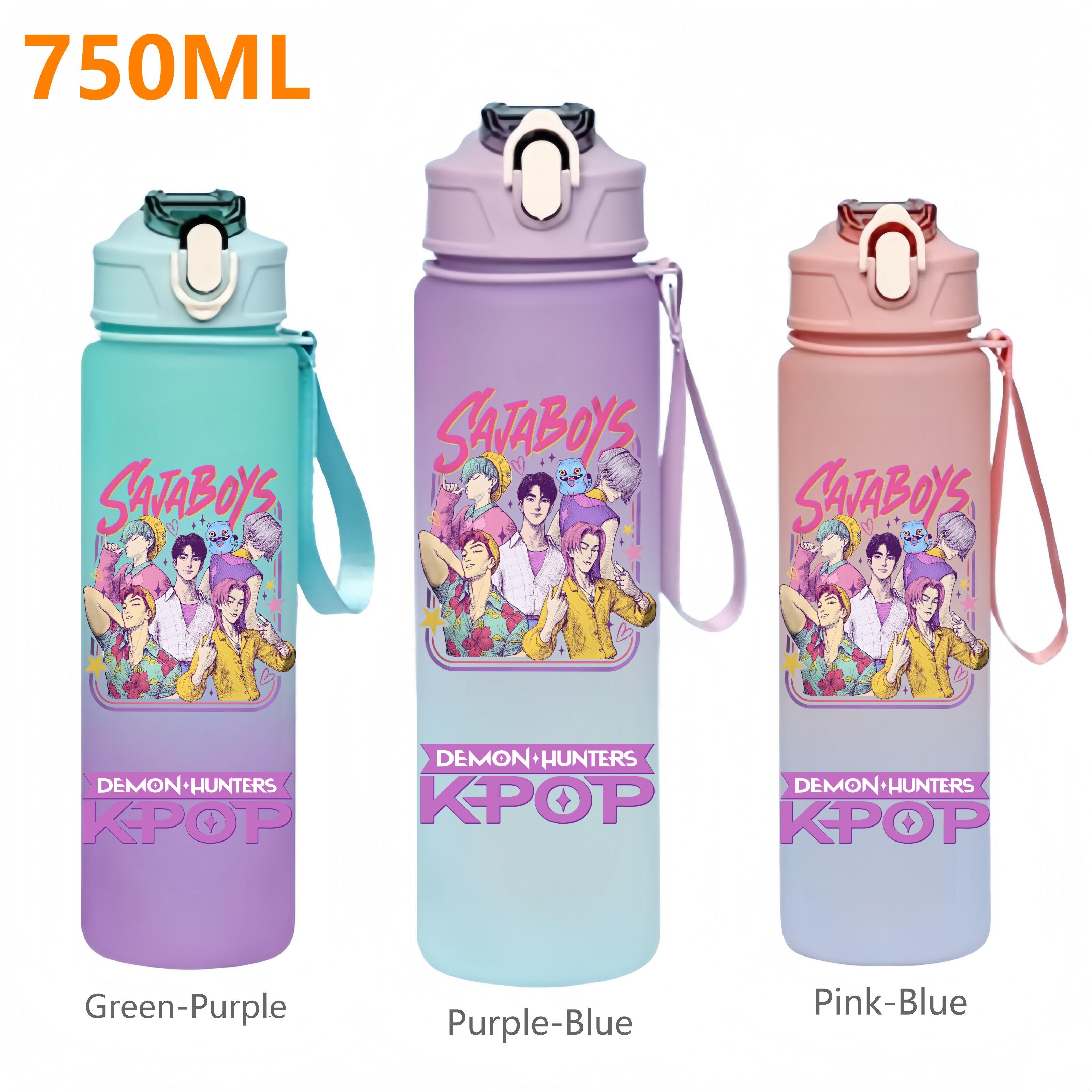 

750ML KPop Demon Hunters Cartoon Printing Water Cup With Straw High Quality Drink Bottles Travel Mug Office School Kids Lovely Gifts Pink-Blue-1PCS