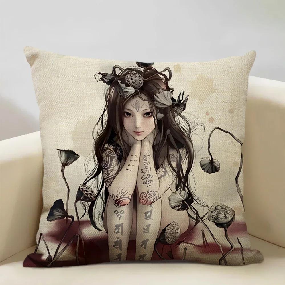 Classic Japanese Lady Decorative Cushion Cover Living Room Sofa Pillow Case 45x45cm Linen Pillowcase Home Art Decor