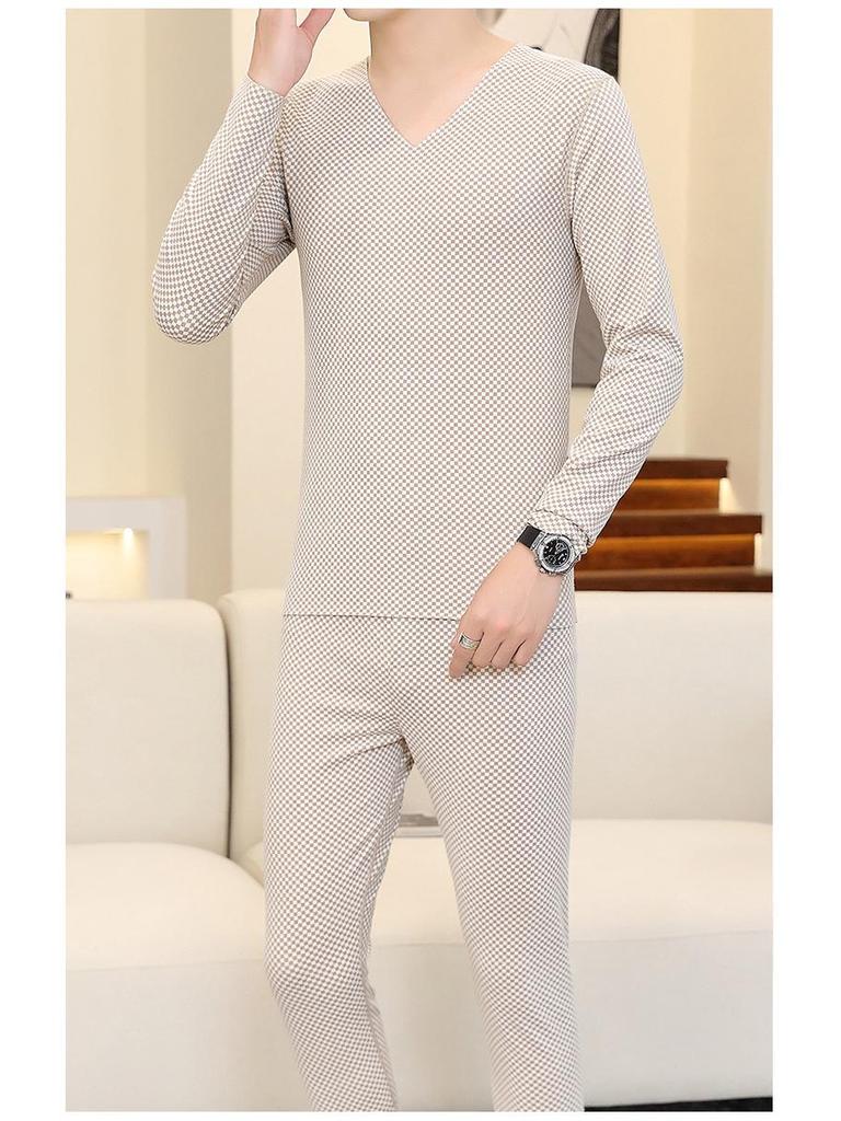 Men's Seamless Thermal Underwear Set - Thin Plaid V-Neck for Autumn/Winter