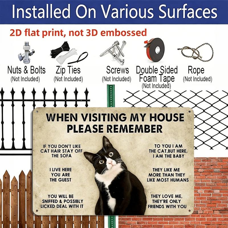 2D Flat 1pc "Cat House Rules" Funny Sign Decorative Sign & Plague - Aluminum Wall Decor - 11.8*7.9in | Perfect for Home & Yard Decor, Ideal Gift for