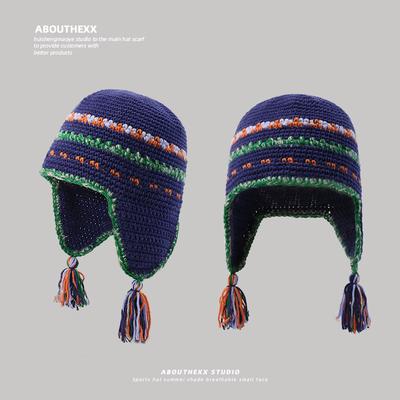 Tassel Wool Hat for Women Niche Personalized Retro Hand Crochet Lei Feng Hat Autumn and Winter Warm Ear Protection and Cold Hat