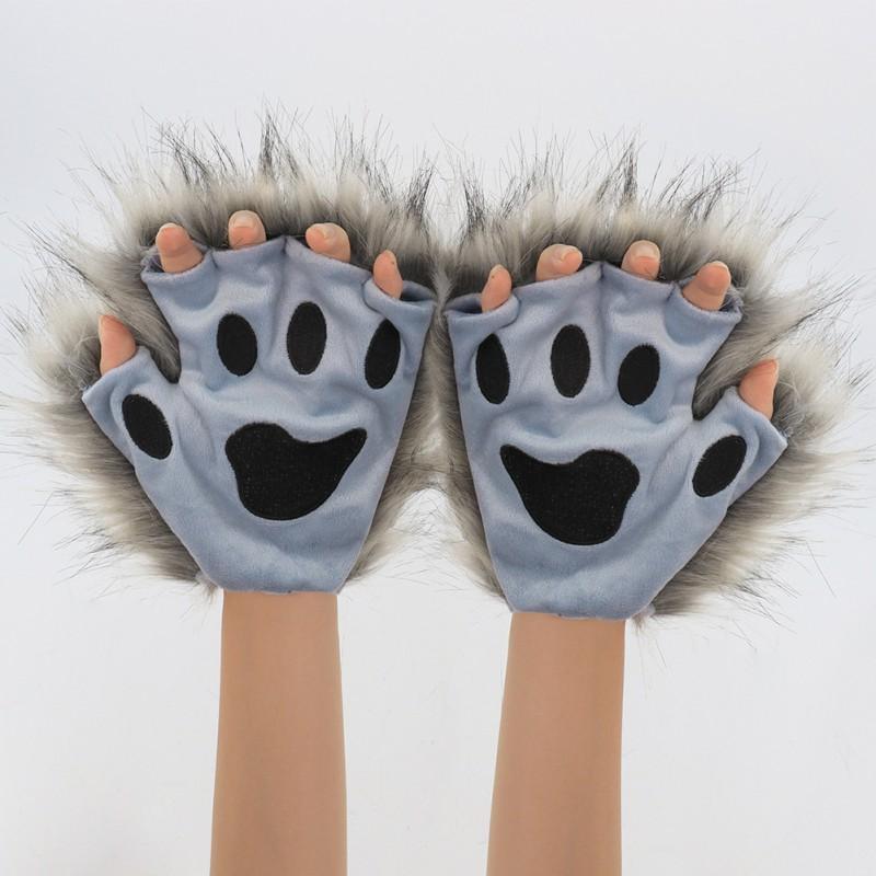 Fuzzy Cat Paw Gloves Half-Finger Cosplay Costume Accessory Halloween Winter Warm Wear