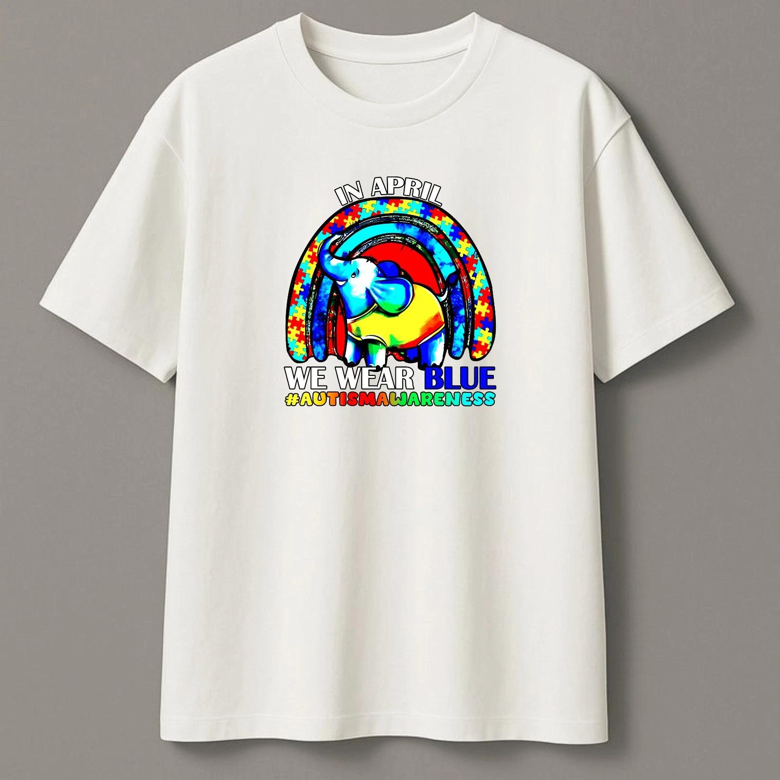 In April We Wear Blue Autism Awareness Elephant Rainbow Puzzle Autistic T-Shirt 2XL