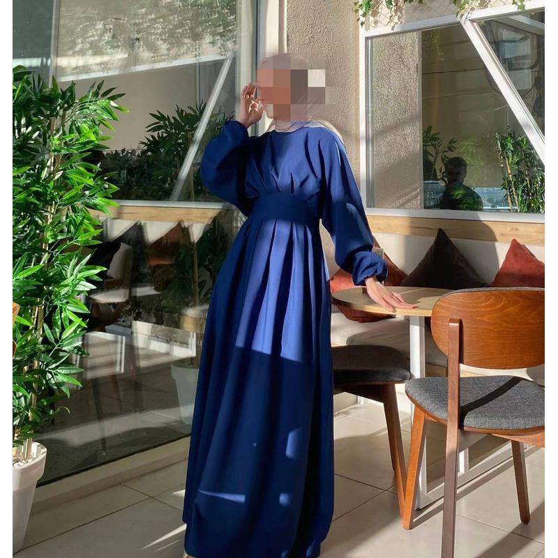 New Arrival Middle East Turkey Pure Color Drawstring Sleeves Silm Dress Solid Color Waist up Dress