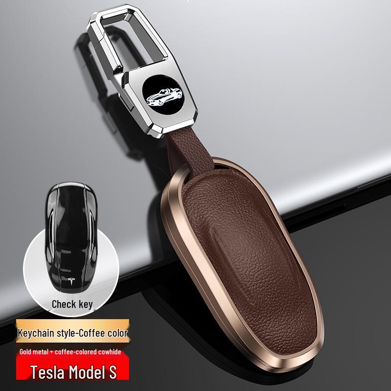 Tesla Model 3/Y/S Genuine Leather Key Cover with Metal Protective Shell Buckle