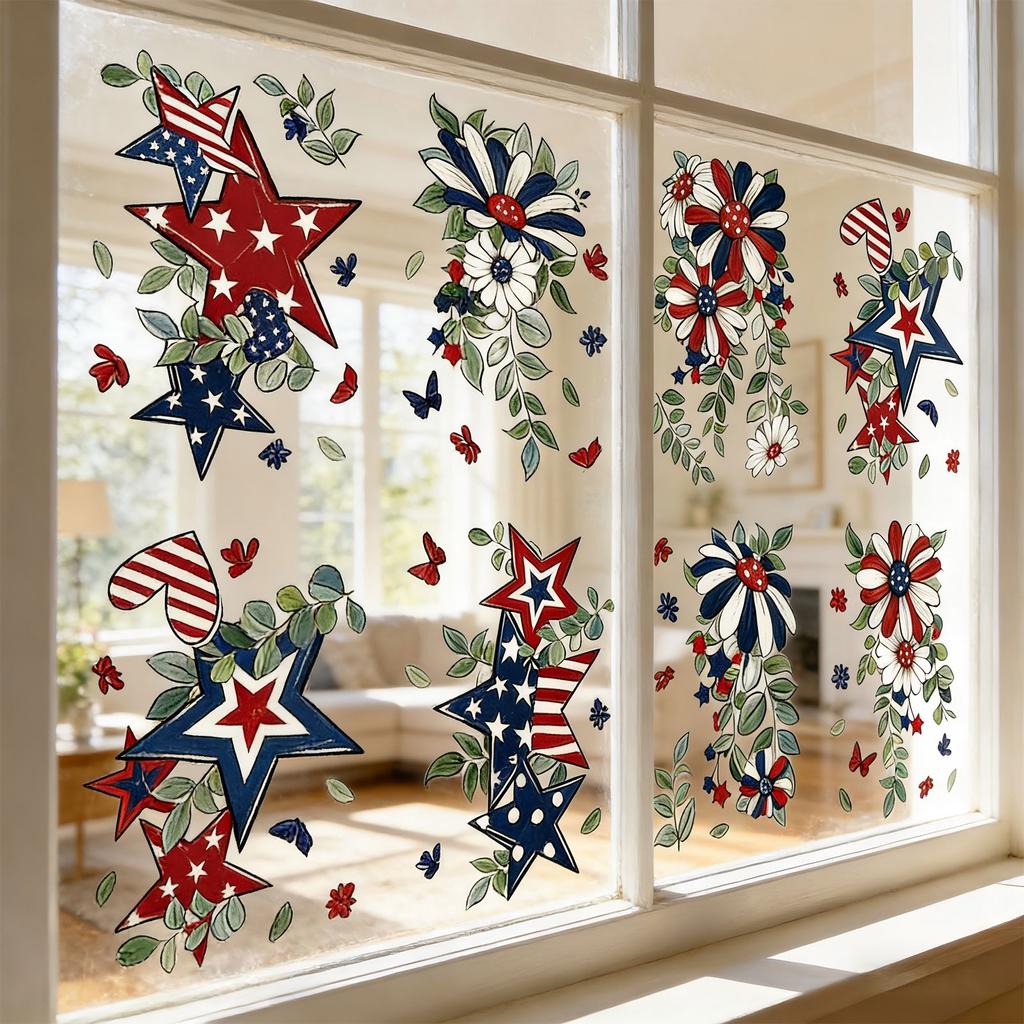8 Sheets Patriotic Window Clings, Window Stickers Star Flower Butterfly Hanging Vine Floral Window Decals For Independence Day