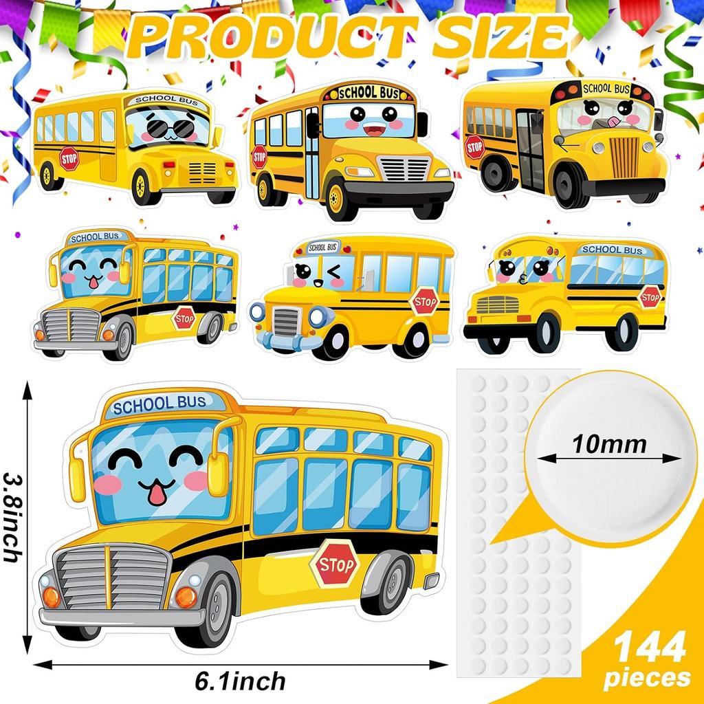 144 Pcs School Bus Bulletin Board Cutouts with 300 Adhesive Dots, Yellow Bus Party Bulletin Board Classroom Decoration for Teacher Student Back to