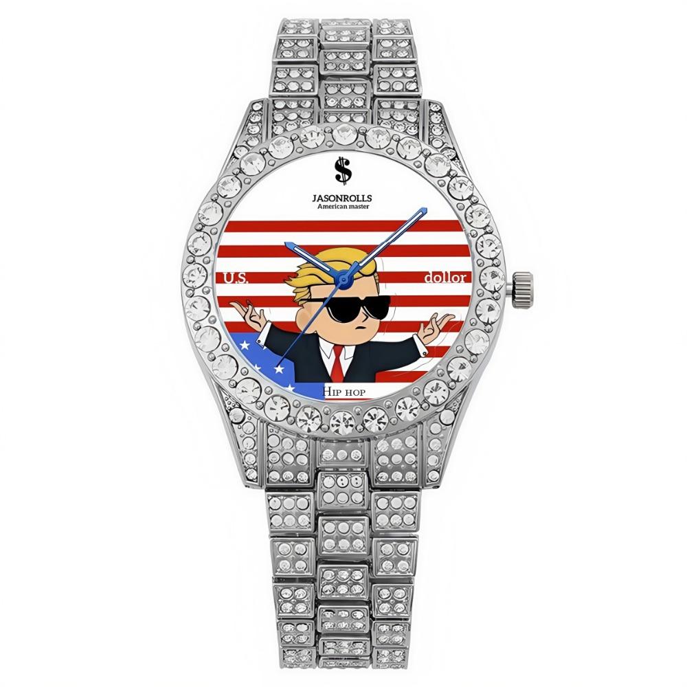 Men's Hip Hop Trendy Fashion Large Dial Diamond Cuban Chain Watch Set