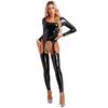Dámské lesklé lakované spodní prádlo celotělové kombinézy Nízký čtvercový výstřih Dlouhý rukáv Otevřený rozkrok Úzké kombinézy Klubové oblečení