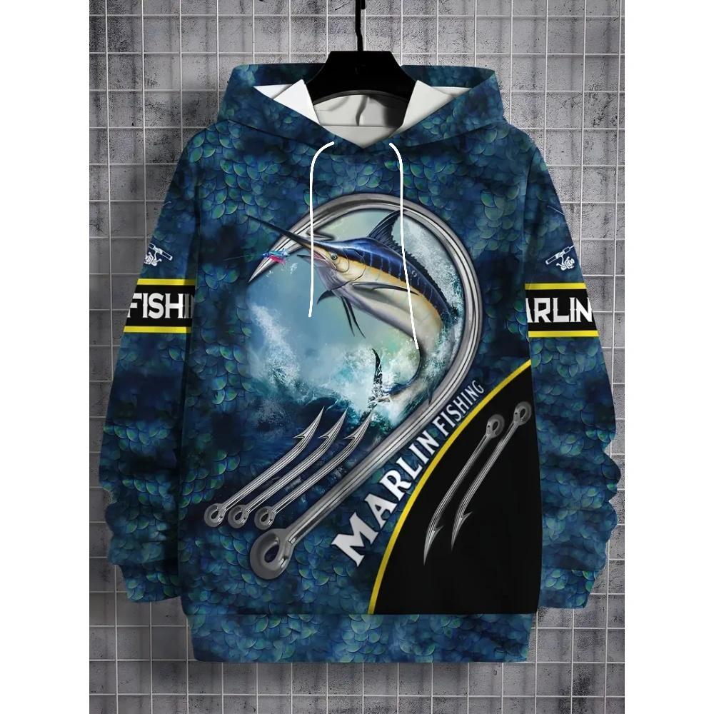Fashion Fishing Pattern Print Hoodies for Man Autumn Winter Outdoor Loose Enthusiast Long Sleeve with Pockets Men's Sweatshirt