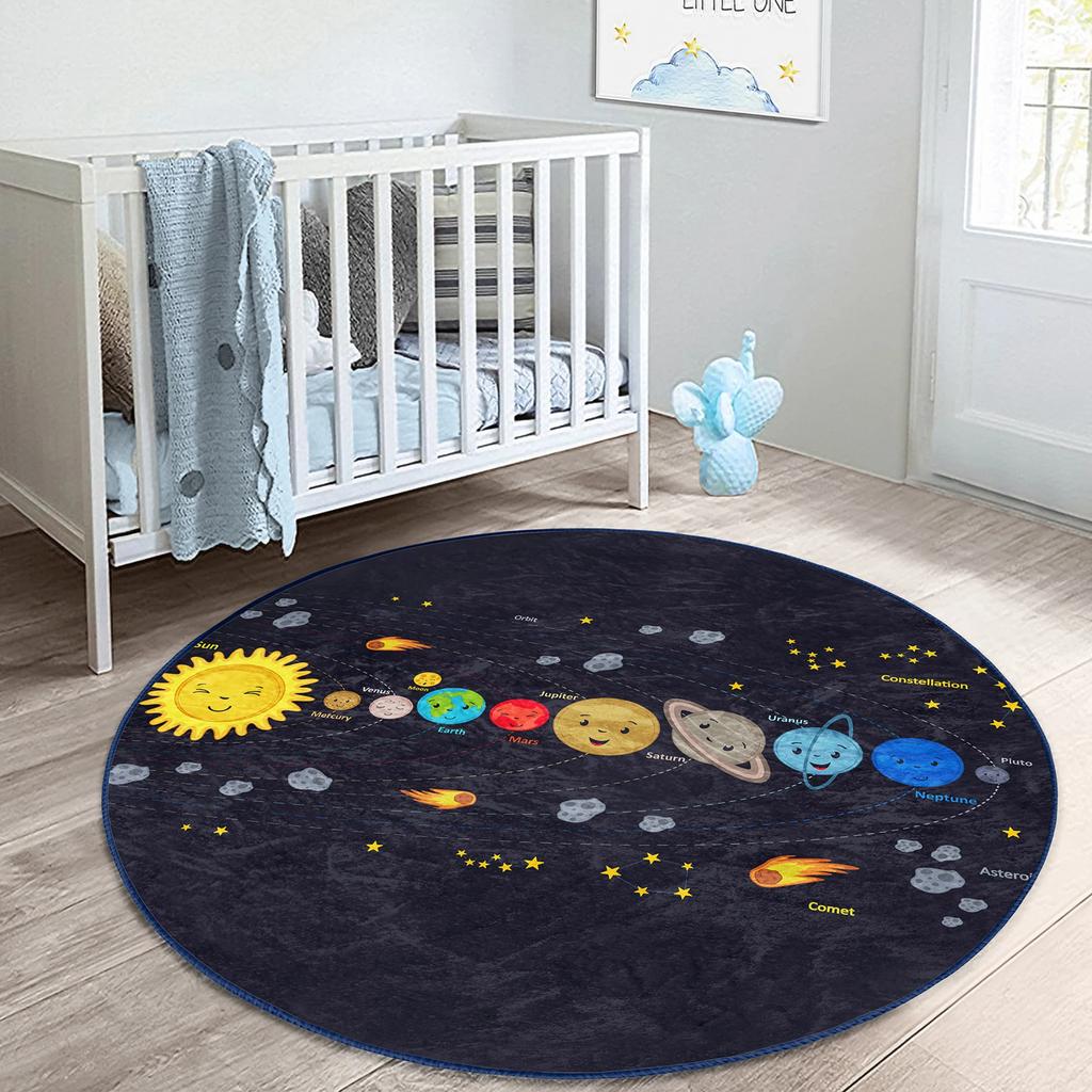 Space Round Rug Planet Floor Carpet Alphabet Non Slip Circle Rugs Rocket Anti Slip Mat Math Area Rugs Black Rug For Kid's Room