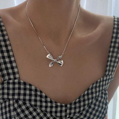 925 Sterling Silver Big Bowknot Charm Pendent Necklace For Women Fashion Jewelry Wedding Party Birthday Gift Dz387