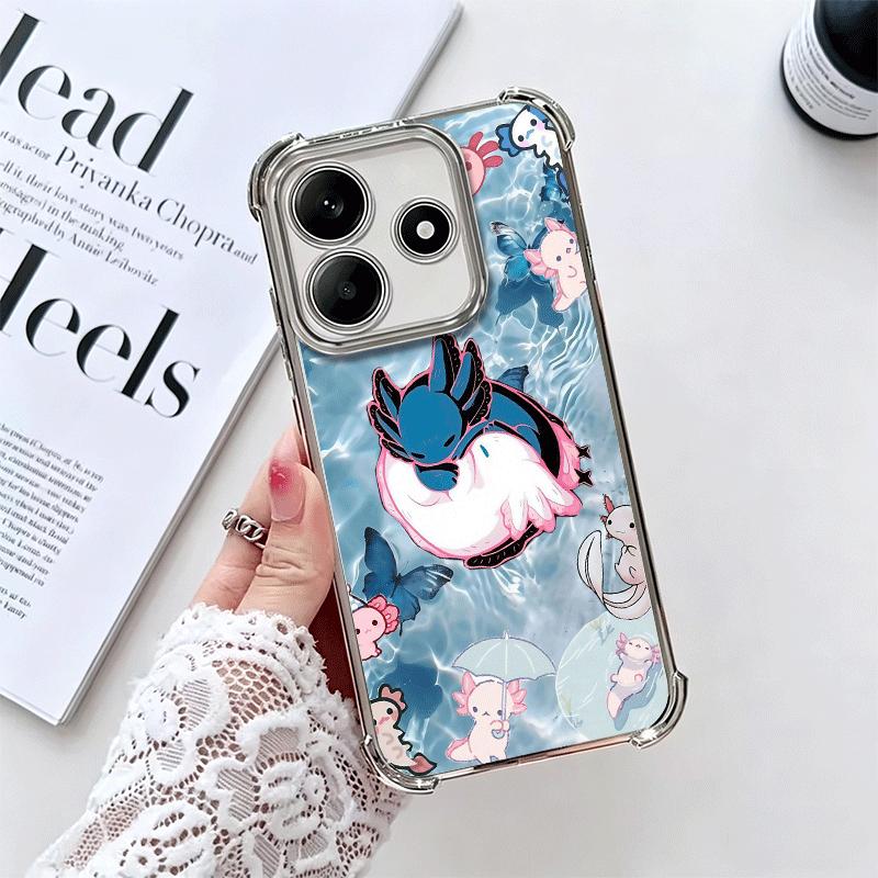 Axolotl Cartoon Cute Plating Phone Case For Xiaomi Redmi Note 14 15 Pro Plus 13 12 11 11S 11T 10 9S 9 5G Anti-Fall Airabag Cover