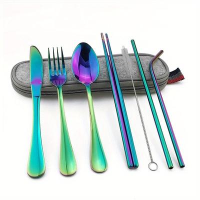Set di stoviglie da viaggio, da campeggio, set di posate riutilizzabili, cannuccia, cucchiaio, forchetta, bacchette, custodia portatile multicolore