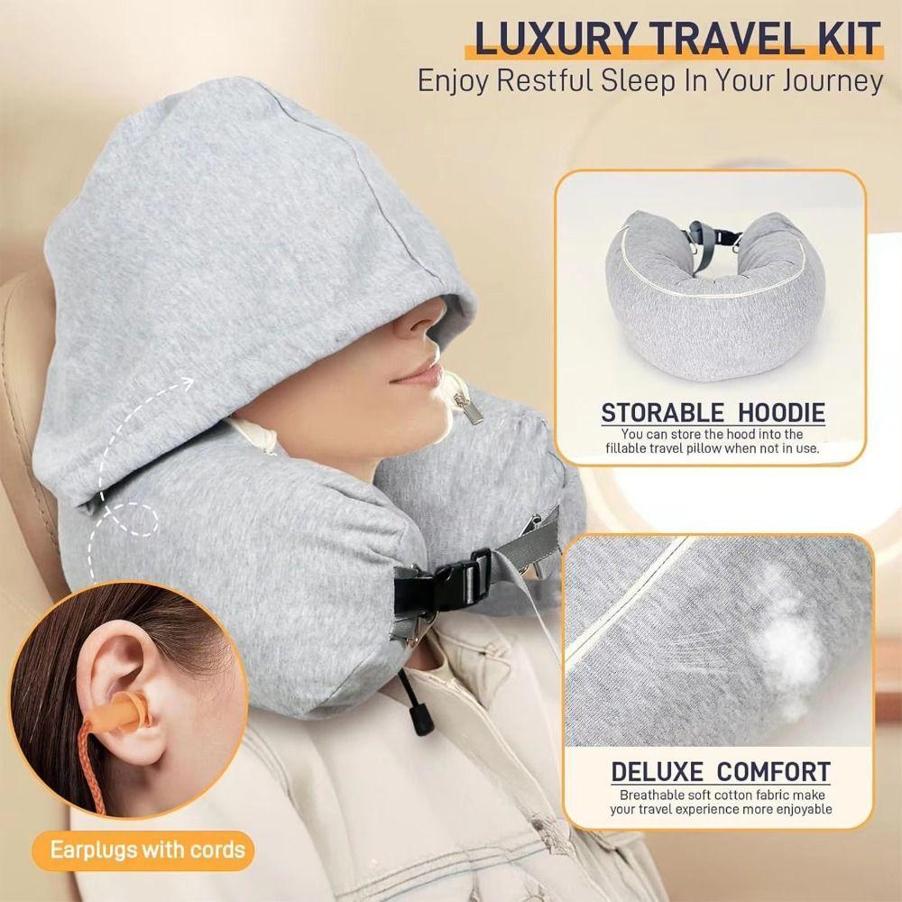 Fillable Travel Neck Pillow Neck Support Light-blocking Airplane Neck Pillow Adjustable with Storage Pouch