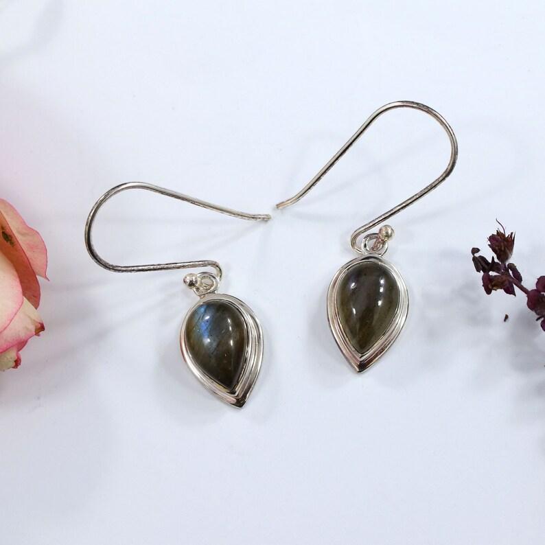 Solid 925 Sterling Silver Natural Labradorite Pear Gemstone Handmade Dangle Earring Birthstone Earring