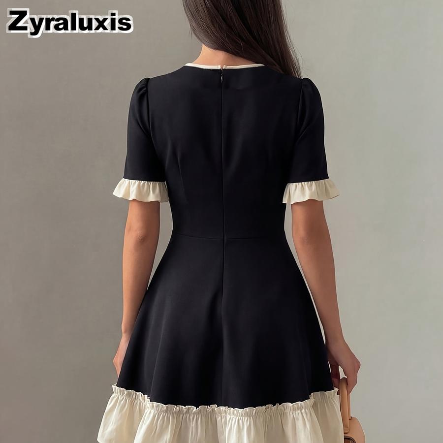 Women s Summer New Elegant Romantic Color Block V-Neck Ruffled A-Line Mini Dress S чёрный