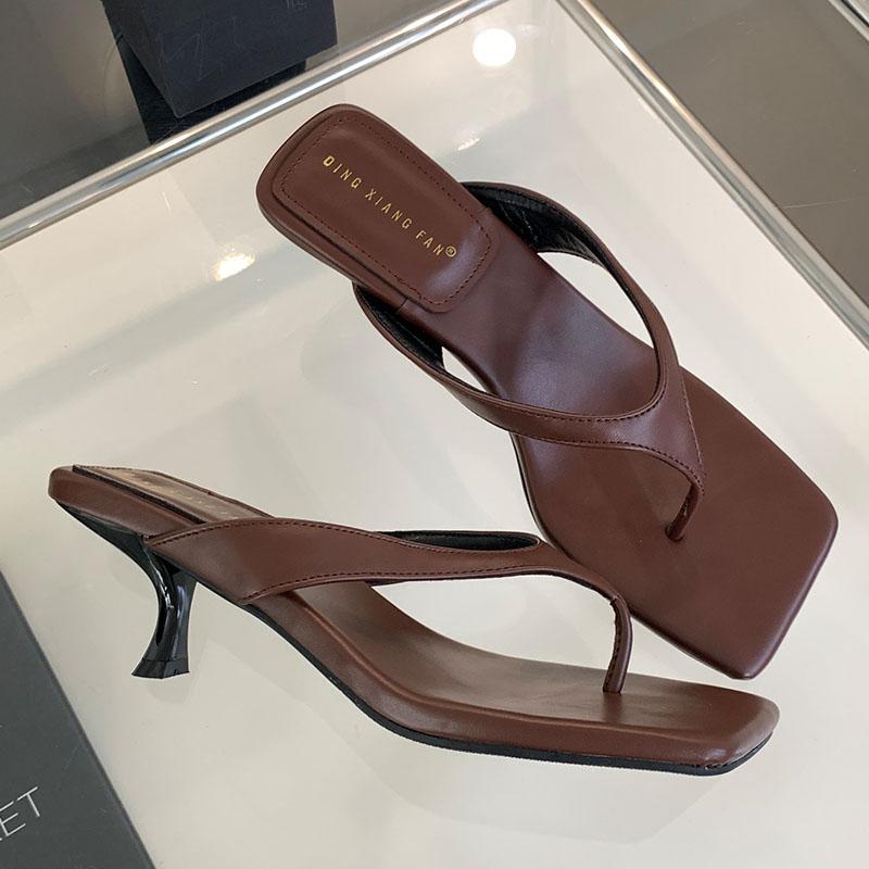 Fashion Fashion Shallow Women Medium Heels Slides Flip Flops Slippers 2025 Summer Female Footwear Ladies Heels Slippers Pumps Shoes