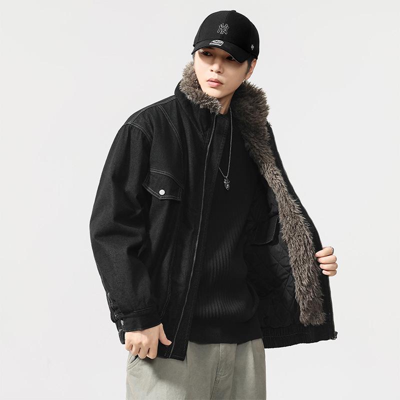 

Men s Retro Wool Collar Warm Lambswool Denim Jacket with Velvet Lining XL (145-160 lbs) чорний