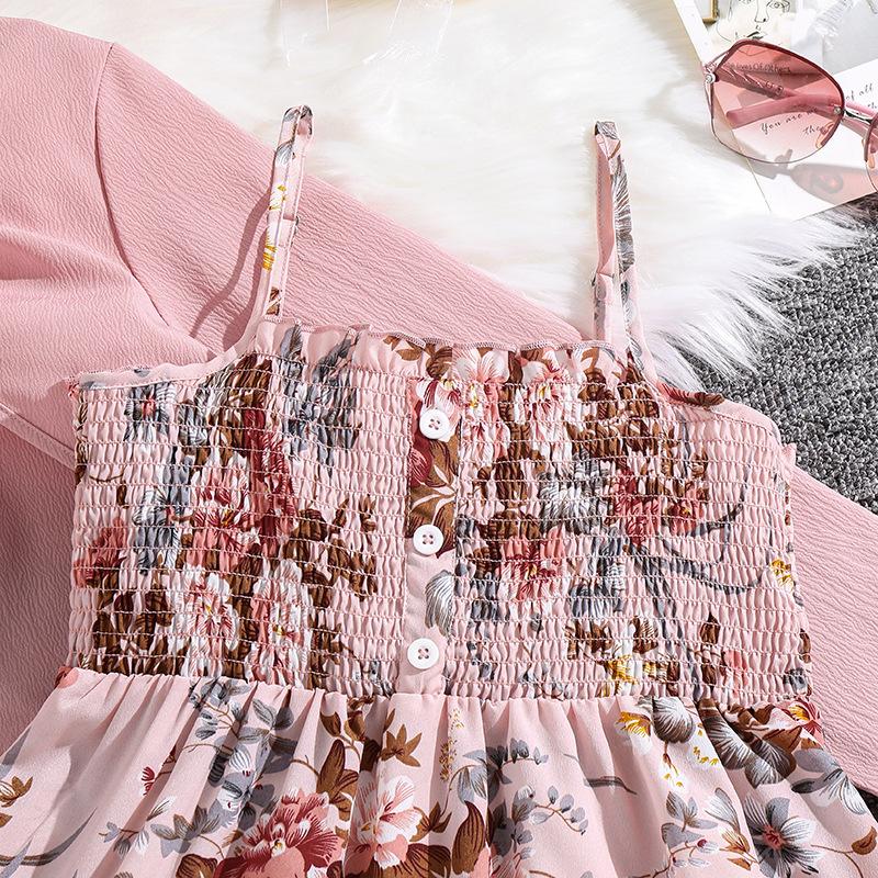 8-12Y Girls' Suit Spring  Autumn and Winter Long-sleeved Cardigan Jacket + Sweet Floral Halter Dress Two-piece Set