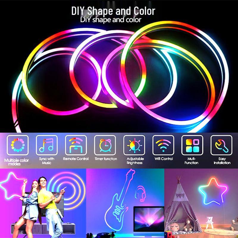 WiFi Bluetooth Color-Changing Neon Music Light Strip, USB Flexible Silicone, DIY Shape, Smart Running Light