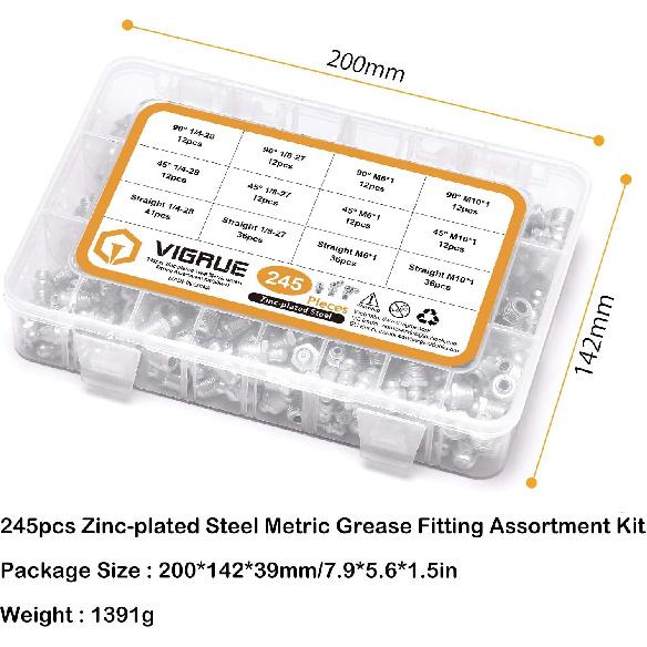 VIGRUE Grease Fittings, 245 Pieces SAE & Metric Grease Fitting Assortment Kit, Standard Grease Fittings Grease Zerks, Straight and Angled Perfect for