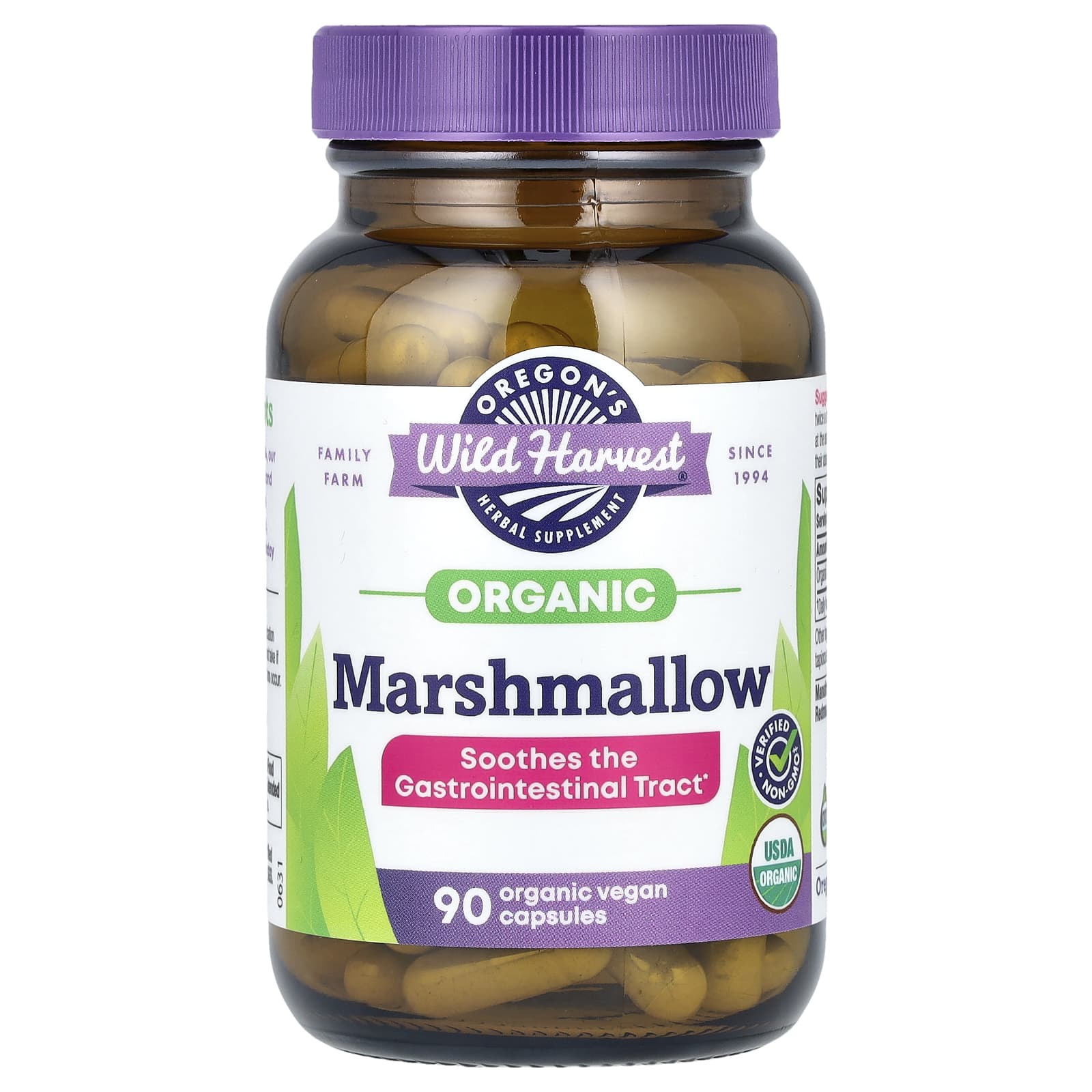 

Oregon S Wild Harvest, Organic Marshmallow, Organic Veggie Capsules, 90 Count (425Mg/Capsule)