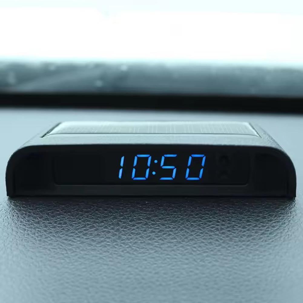 Solar Powered Car Digital Clock, LED LCD Display with Time Date Thermometer, Auto Dashboard Decor