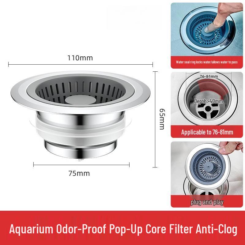 Zátka do kuchyňského dřezu proti ucpávání s vysouvacím jádrem a filtrem proti zápachu