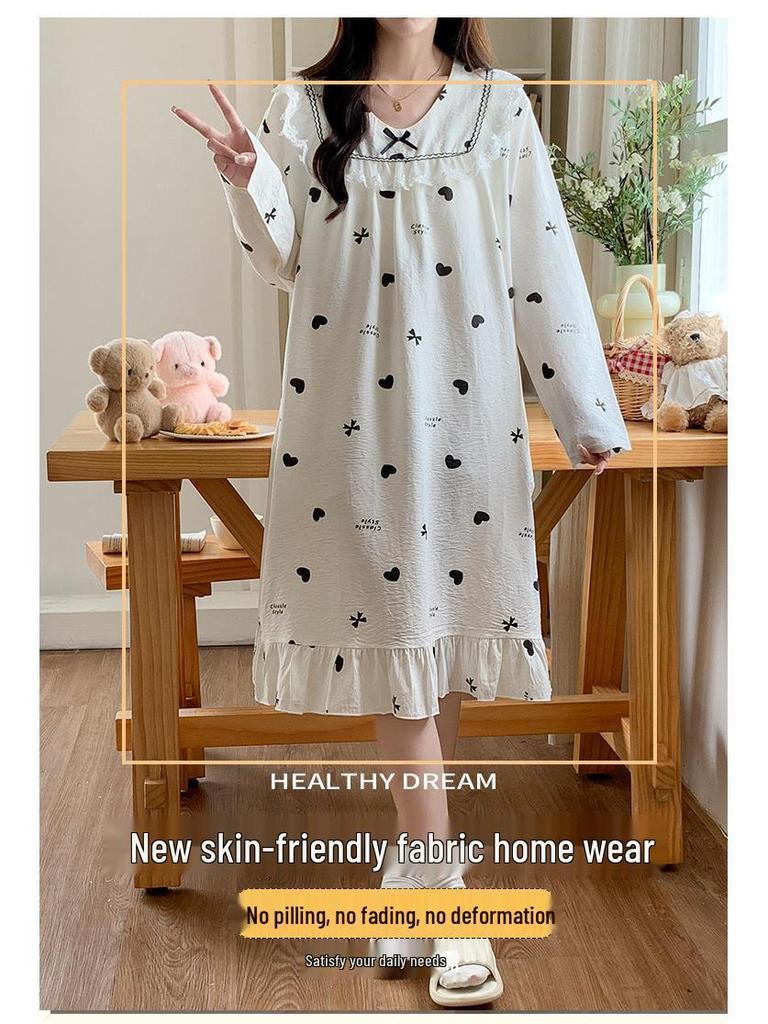 Spring & Autumn Lace Long Sleeve Cotton Nightgown with Fixed Chest Pad