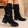2025 Pointed Matte Suede Western Cowboy Boots Medium Tube Thick Heel Knight Boots Foreign Trade Large Size Women's Fashion Boots Tide